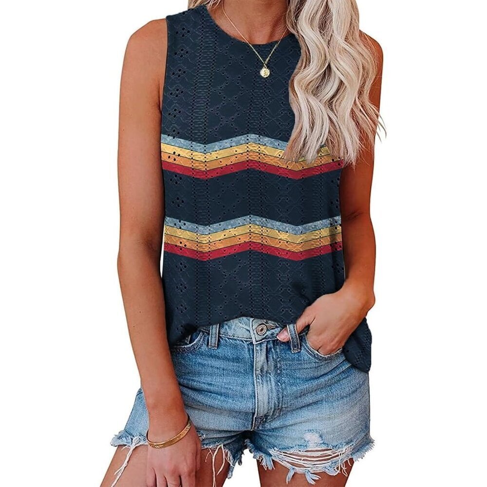 🆕Women  Black Polyester Eyelet Embroidery Crewneck Sleeveless Tunic Top Casual